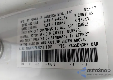 2012 Honda Accord Sdn 2.4 Ex-L/Ex-L from USA, damaged, VIN 1HGCP2F86CA111069